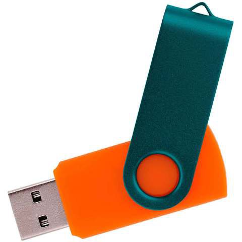 Оранжевая с зеленым флешка 16 гб, металл и пластик soft-touch «ТВИСТ-КОЛОР-МИКС»